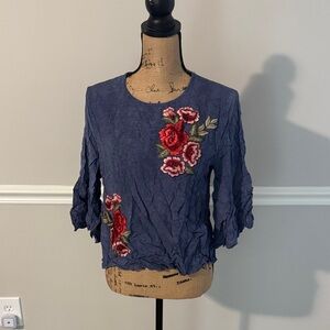 Love J Navy Blouse with Red Floral Embroidery